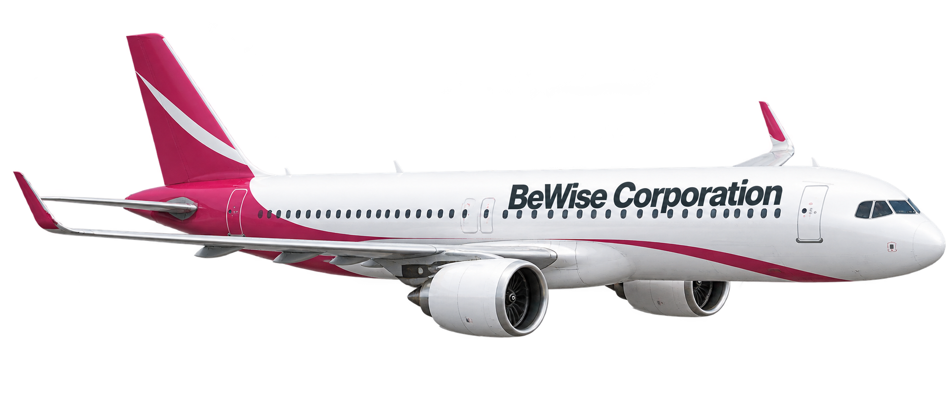ภาพประกอบเครื่องบินสีขาวที่มีชื่อ BeWise Corporation บนลำตัว